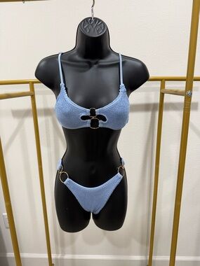 Blue Textured Bikini Gold Ring Detail One Size Stretchy Swim Set